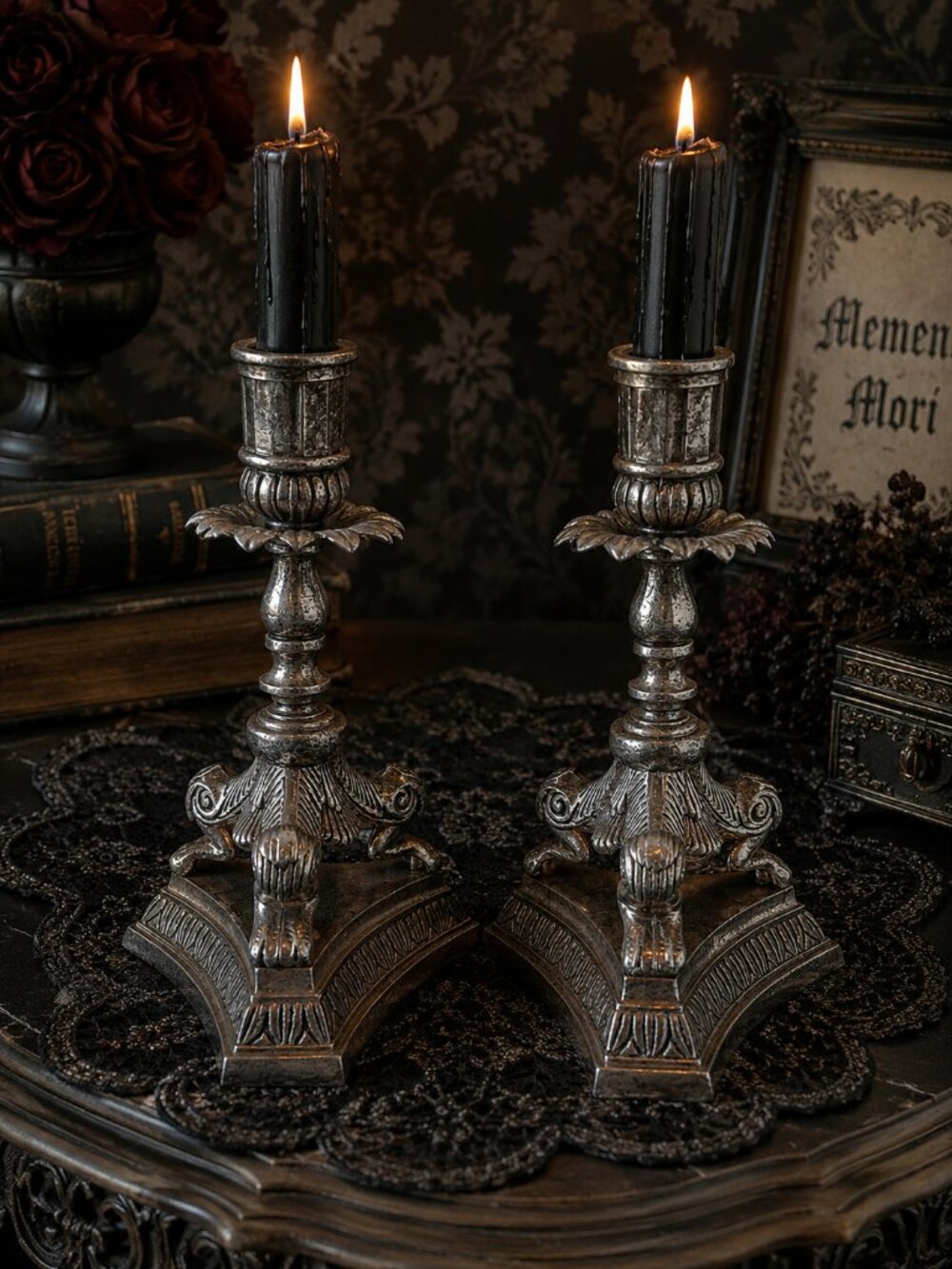 Vintage Silverplate Claw Foot Candlesticks Pair Ornate Gothic 7" Candle Holders